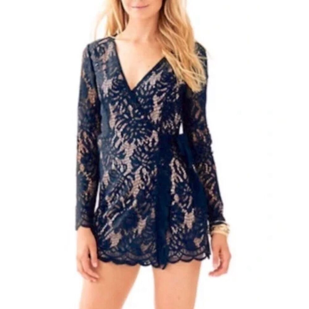 NWOT Lilly Pultizer Navy Blue Lace Long Sleeve Tiki Wrap Skort Romper One Piece